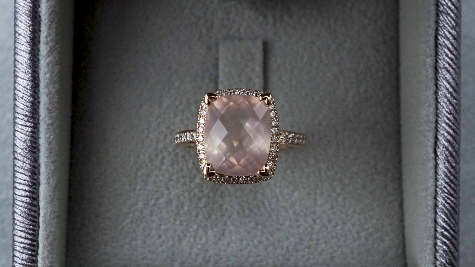 Rose Quartz and Diamond Halo Ring in 18K Rose Gold :: Achromatic