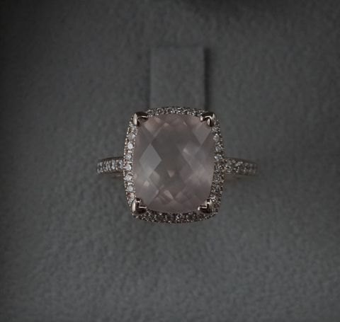 Rose Quartz and Diamond Halo Ring in 18K Rose Gold