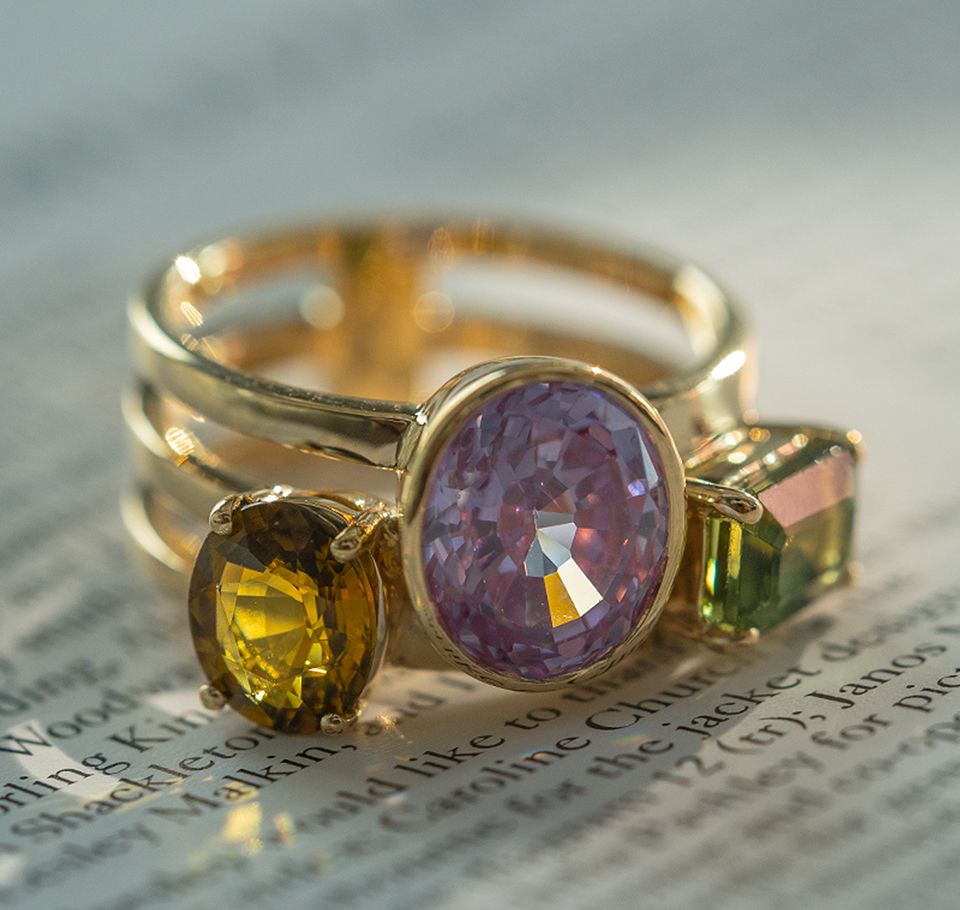 Three Color Gemstones Ring in 9K Yellow Gold